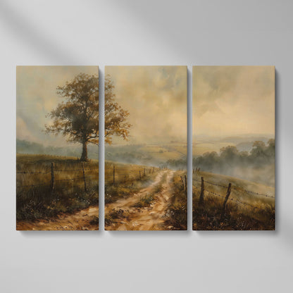 Misty Fields with Rural Road Canvas Print in Sepia as 3-panel split version