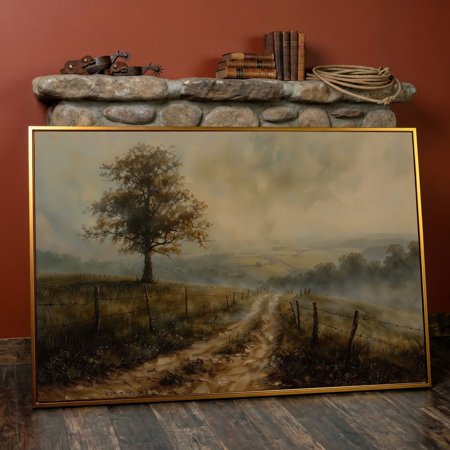Misty Fields with Rural Road Canvas Print in Sepia in antique gold floating frame