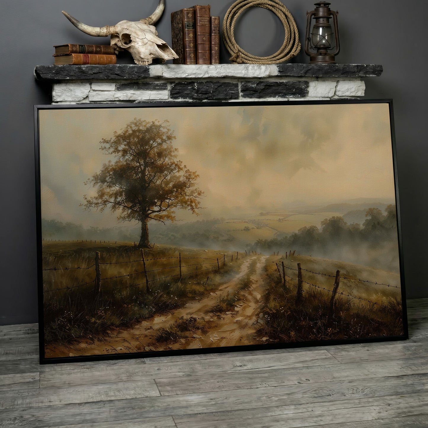 Misty Fields with Rural Road Canvas Print in Sepia in black floating frame