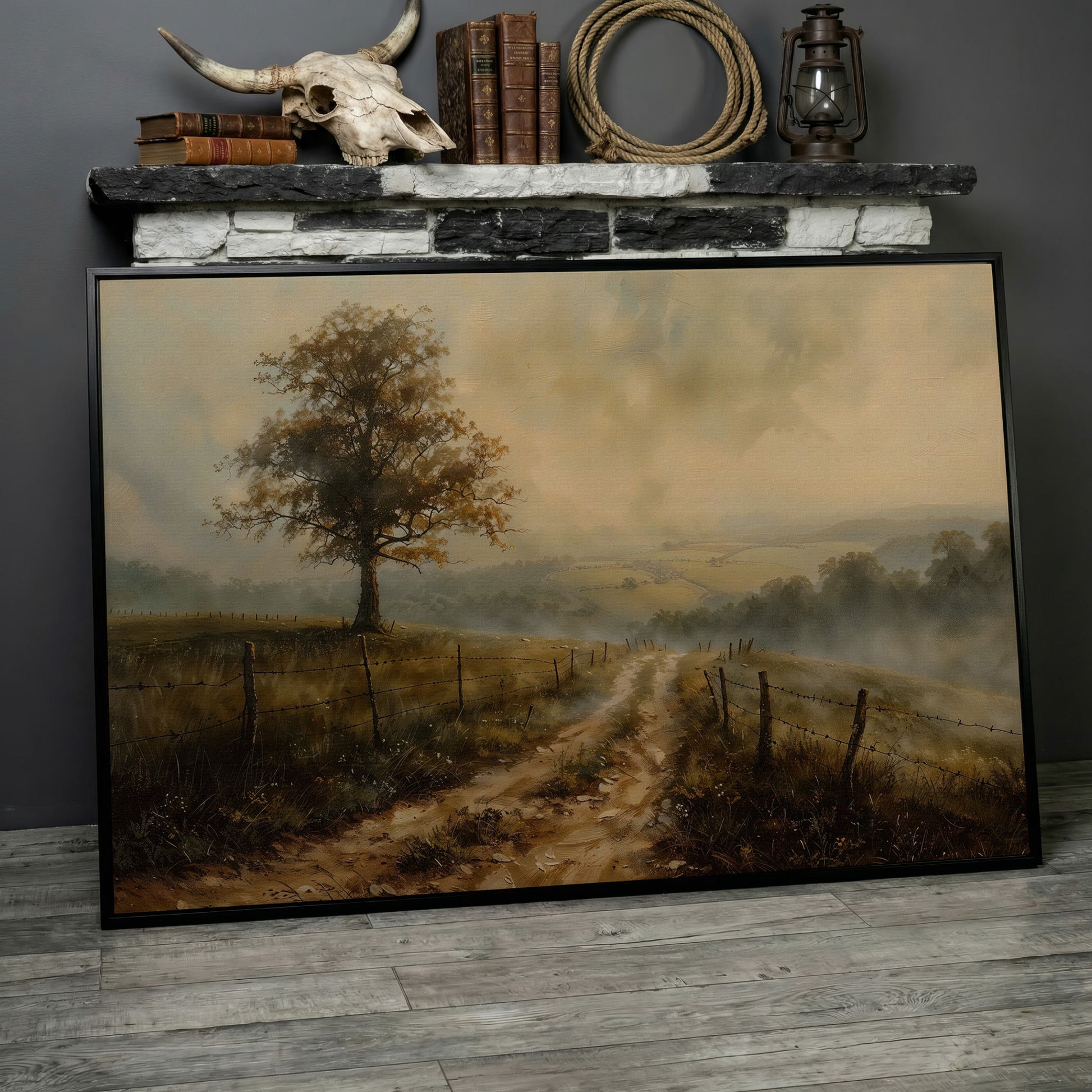 Misty Fields with Rural Road Canvas Print in Sepia in black floating frame