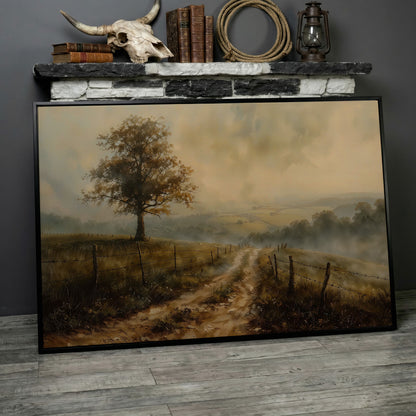 Misty Fields with Rural Road Canvas Print in Sepia in black floating frame