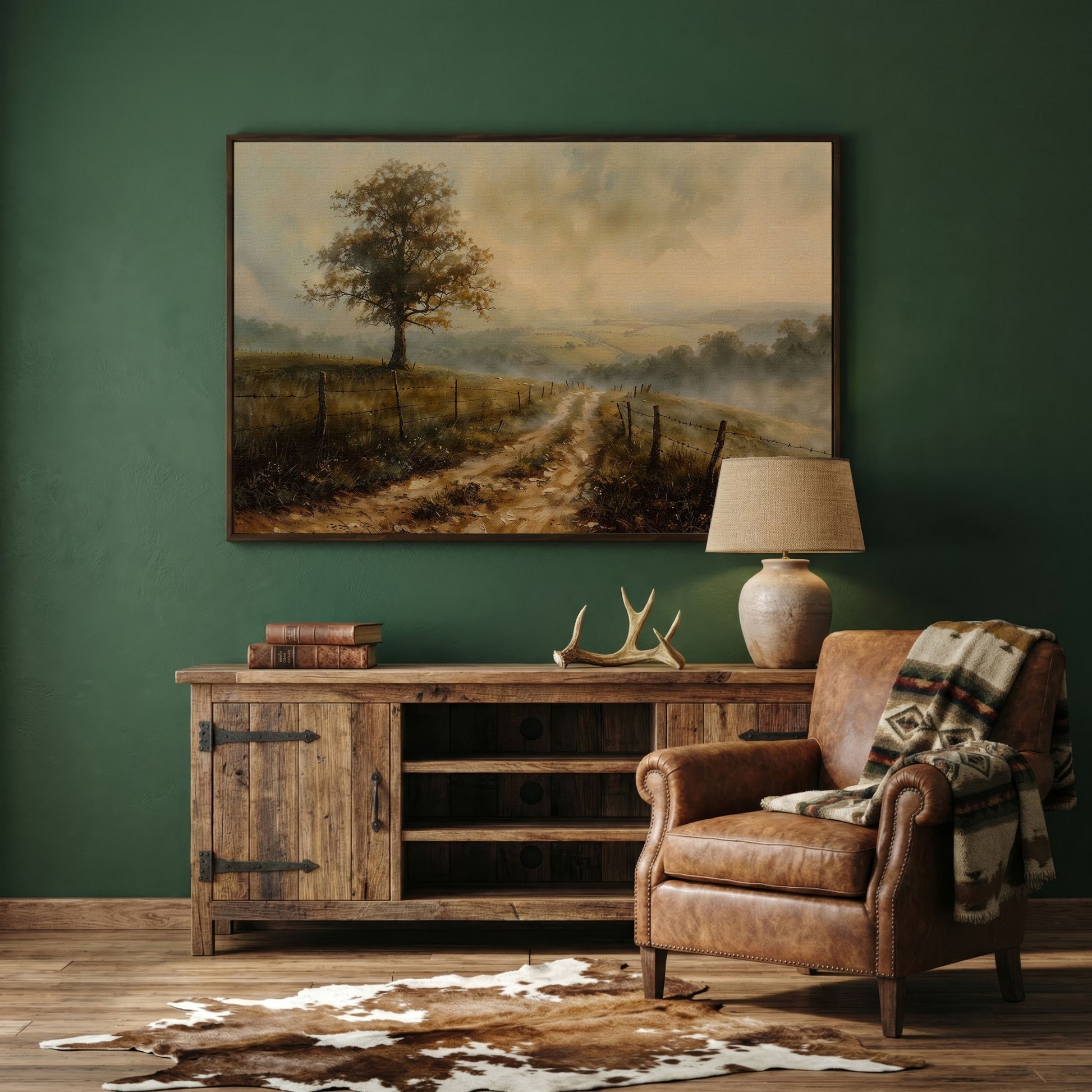 Misty Fields with Rural Road Canvas Print in Sepia in dark walnut floating frame