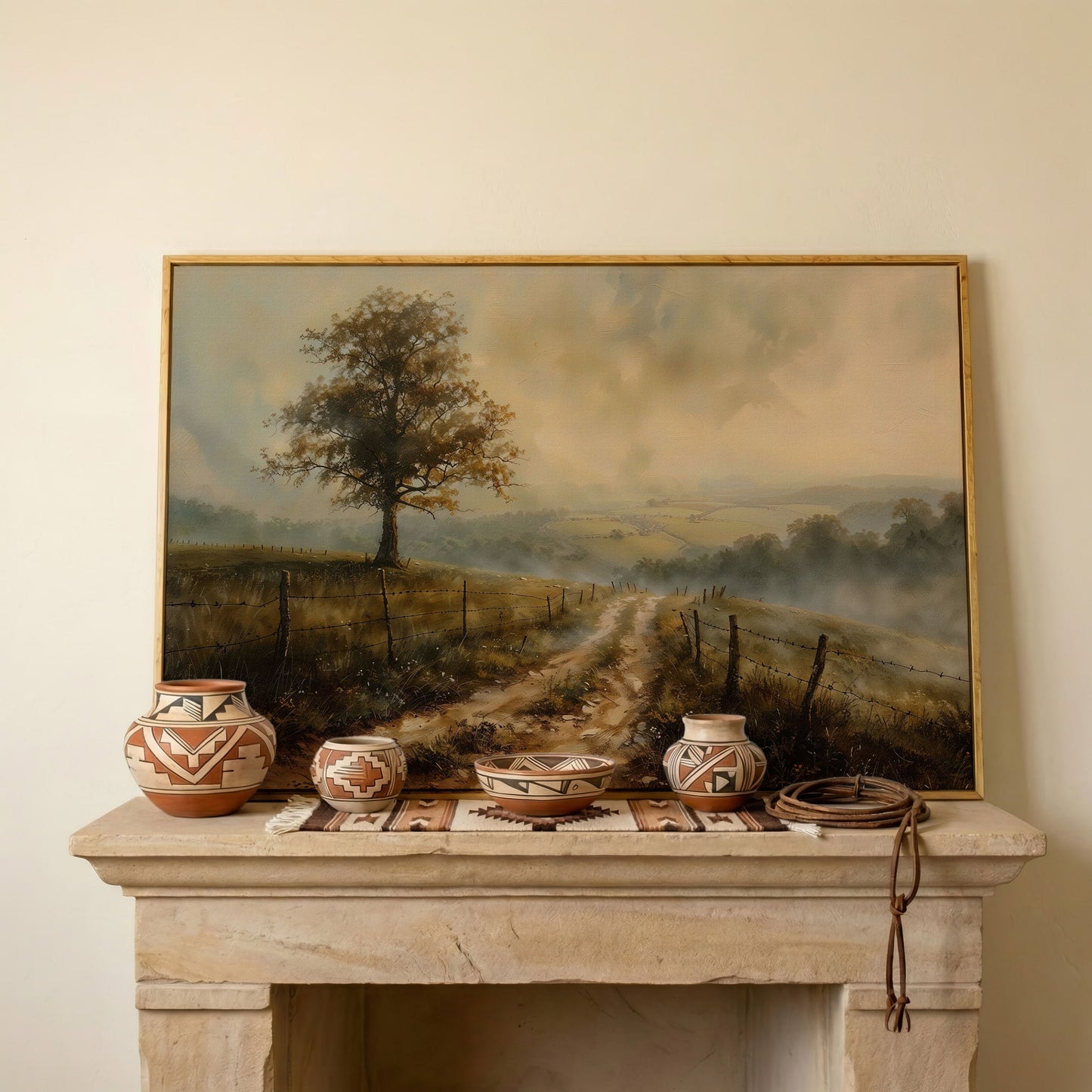 Misty Fields with Rural Road Canvas Print in Sepia in white oak floating frame