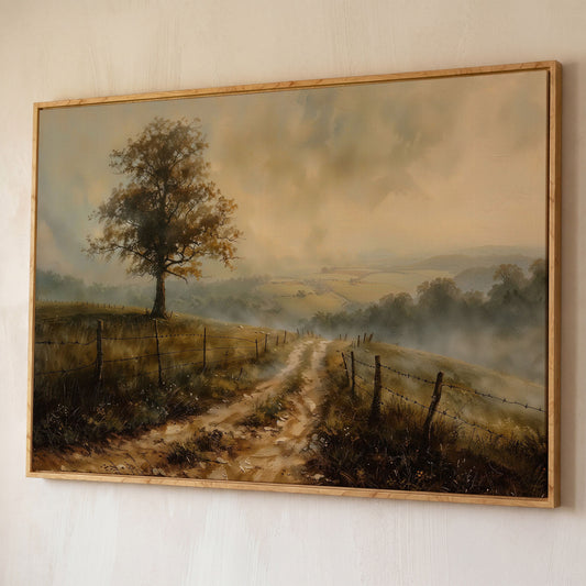Misty Fields with Rural Road Canvas Print in Sepia shown in white oak floating frame