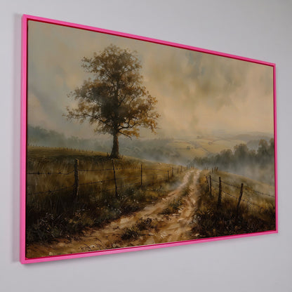 Misty Fields with Rural Road Canvas Print in Sepia in pink floating frame