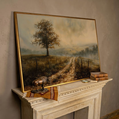 Misty Fields with Rural Road Canvas Print in Sepia in rose gold floating frame