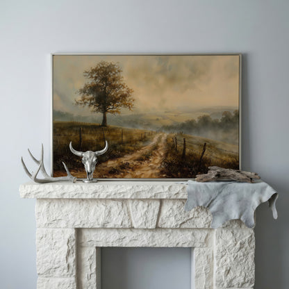 Misty Fields with Rural Road Canvas Print in Sepia in silver floating frame