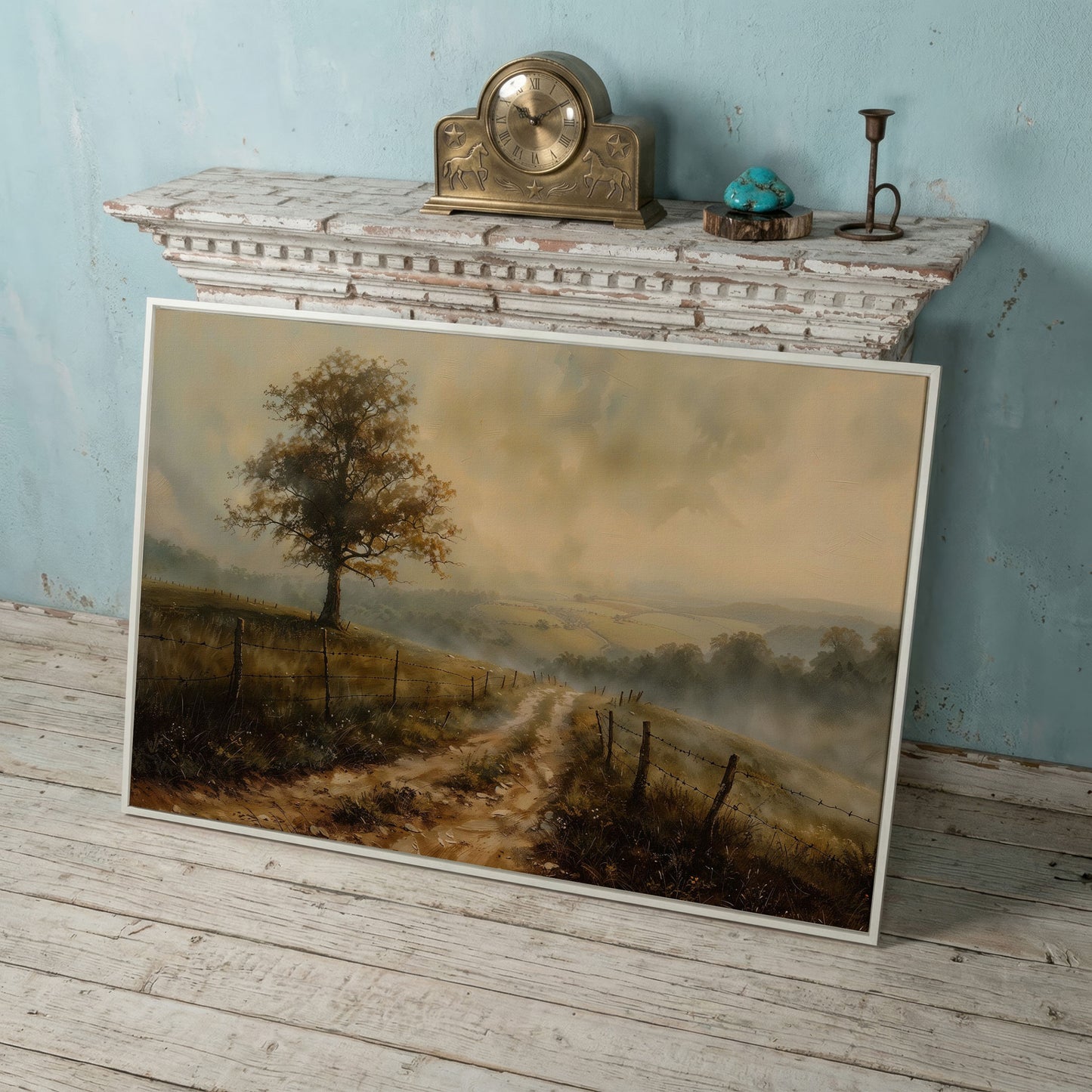Misty Fields with Rural Road Canvas Print in Sepia in white floating frame