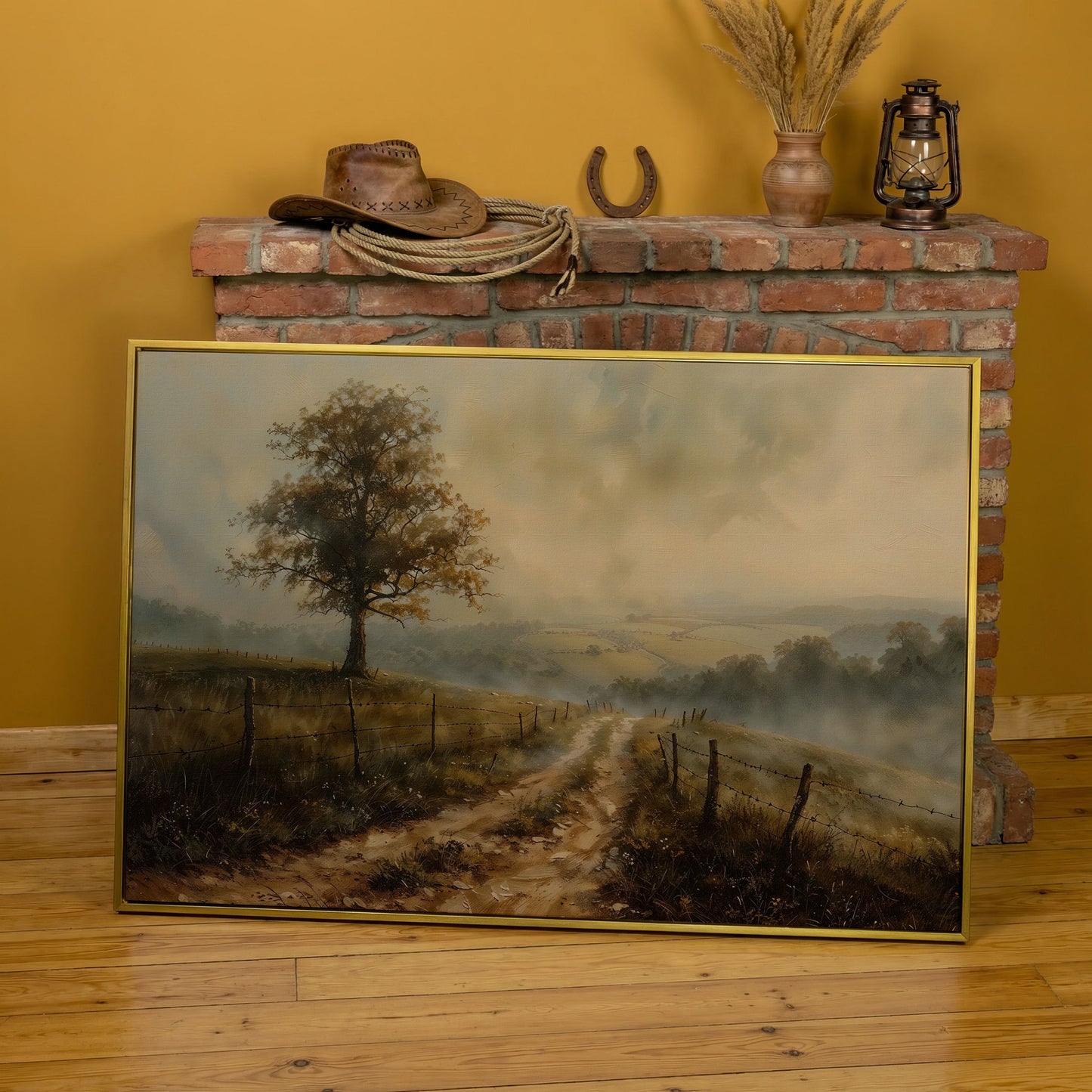 Misty Fields with Rural Road Canvas Print in Sepia in yellow gold floating frame