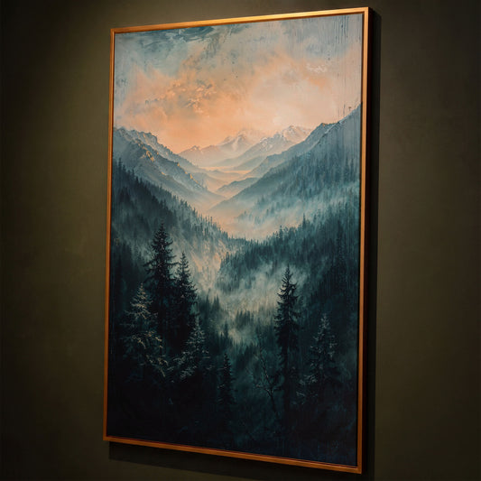 Misty Mountain Sunrise Canvas Print, Pine Forest Valley Art shown in antique gold floating frame
