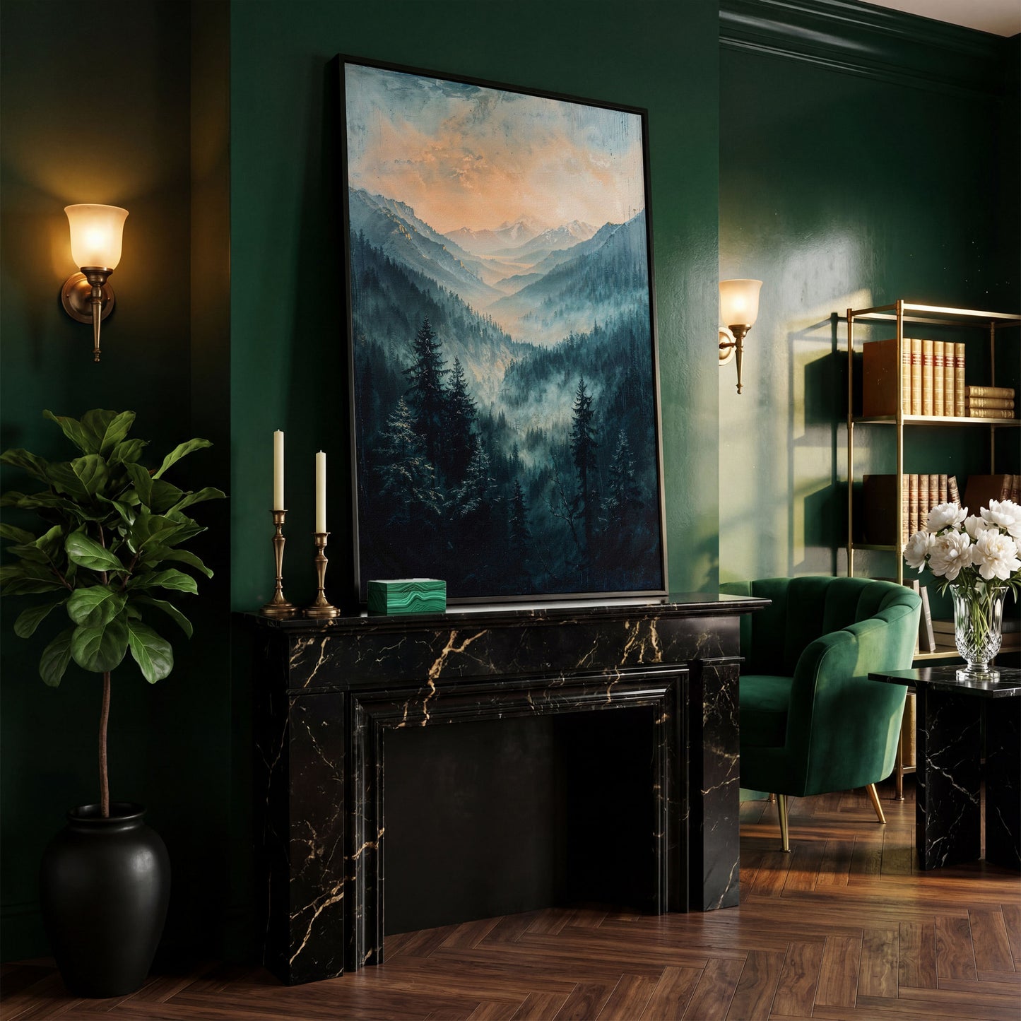 Misty Mountain Sunrise Canvas Print, Pine Forest Valley Art in black floating frame