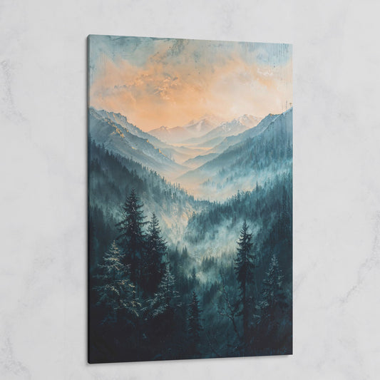 Misty Mountain Sunrise Canvas Print, Pine Forest Valley Art on gallery wrap