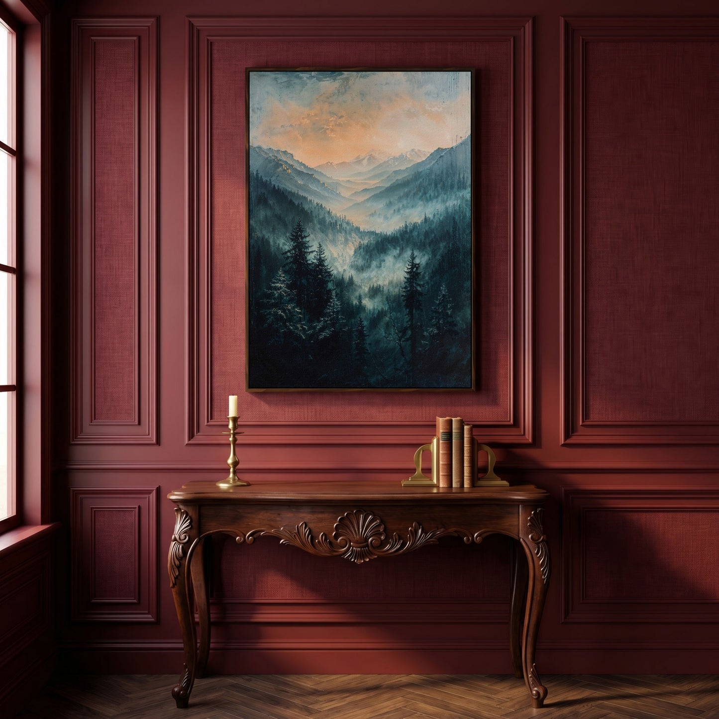 Misty Mountain Sunrise Canvas Print, Pine Forest Valley Art in dark walnut floating frame