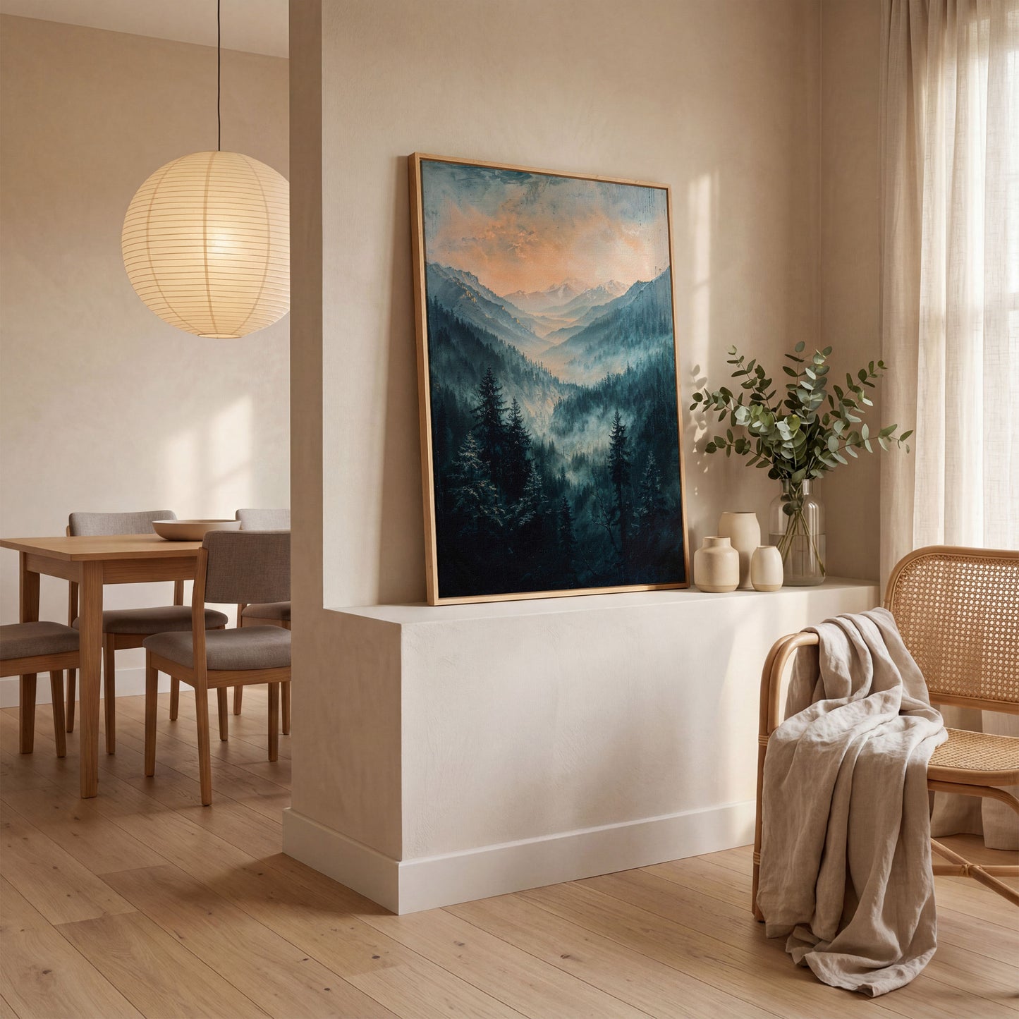 Misty Mountain Sunrise Canvas Print, Pine Forest Valley Art in white oak floating frame