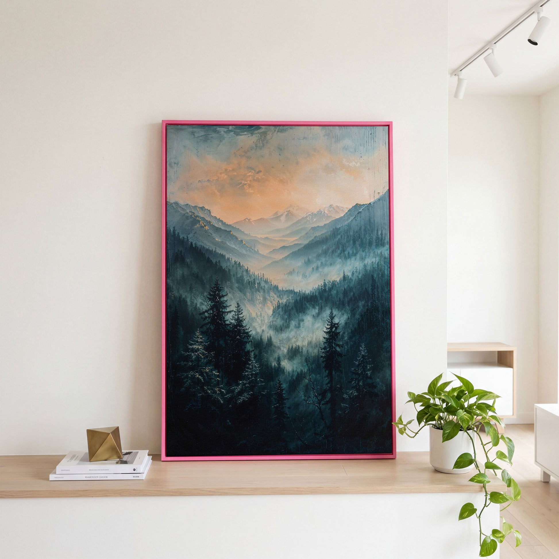 Misty Mountain Sunrise Canvas Print, Pine Forest Valley Art in pink floating frame