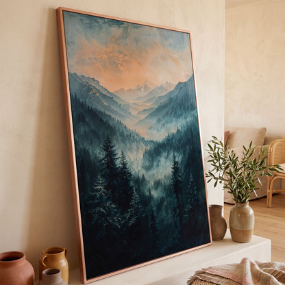 Misty Mountain Sunrise Canvas Print, Pine Forest Valley Art in rose gold floating frame