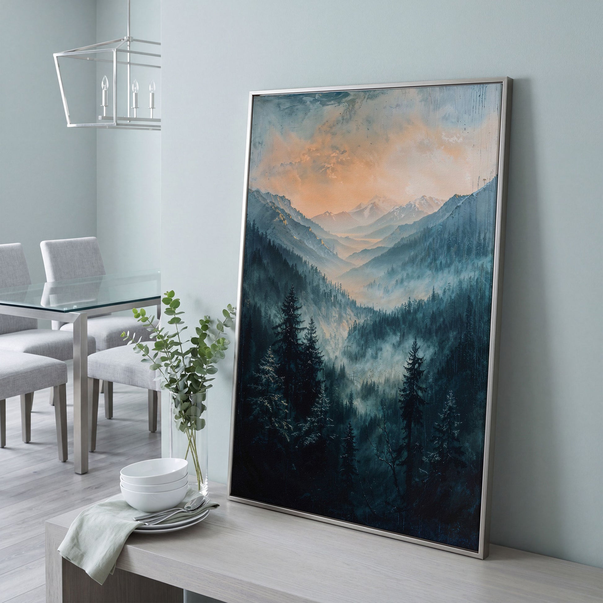 Misty Mountain Sunrise Canvas Print, Pine Forest Valley Art in silver floating frame