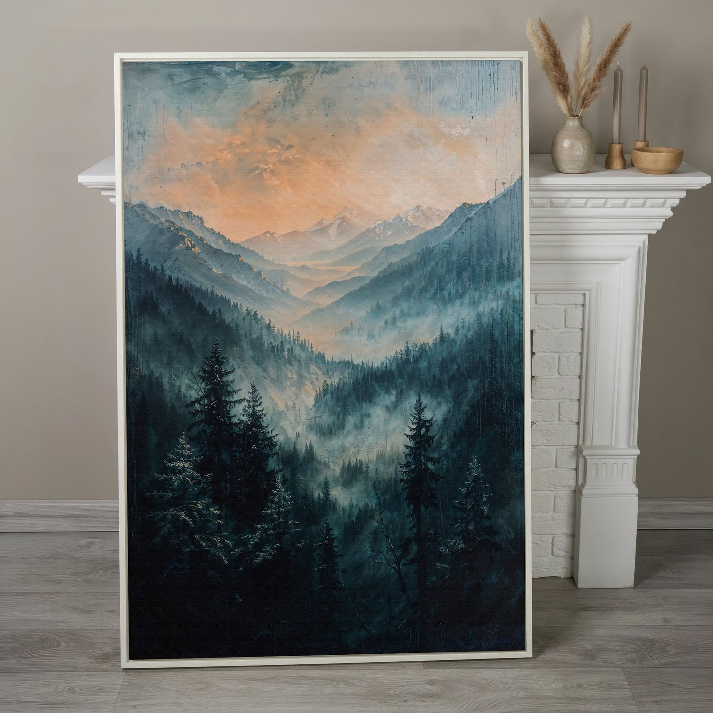Misty Mountain Sunrise Canvas Print, Pine Forest Valley Art in white floating frame
