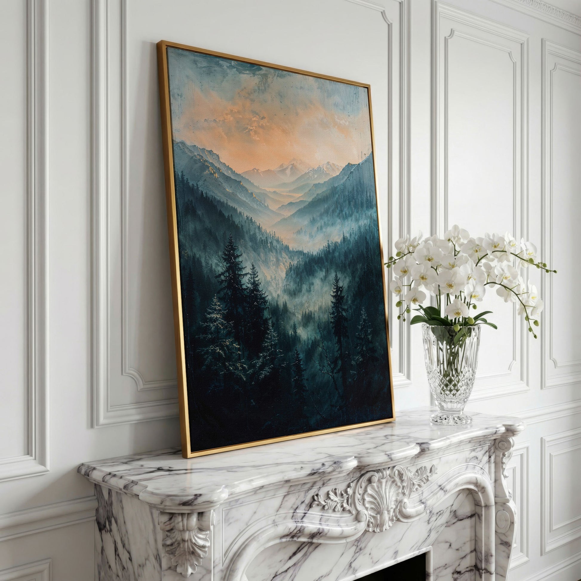Misty Mountain Sunrise Canvas Print, Pine Forest Valley Art in yellow gold floating frame