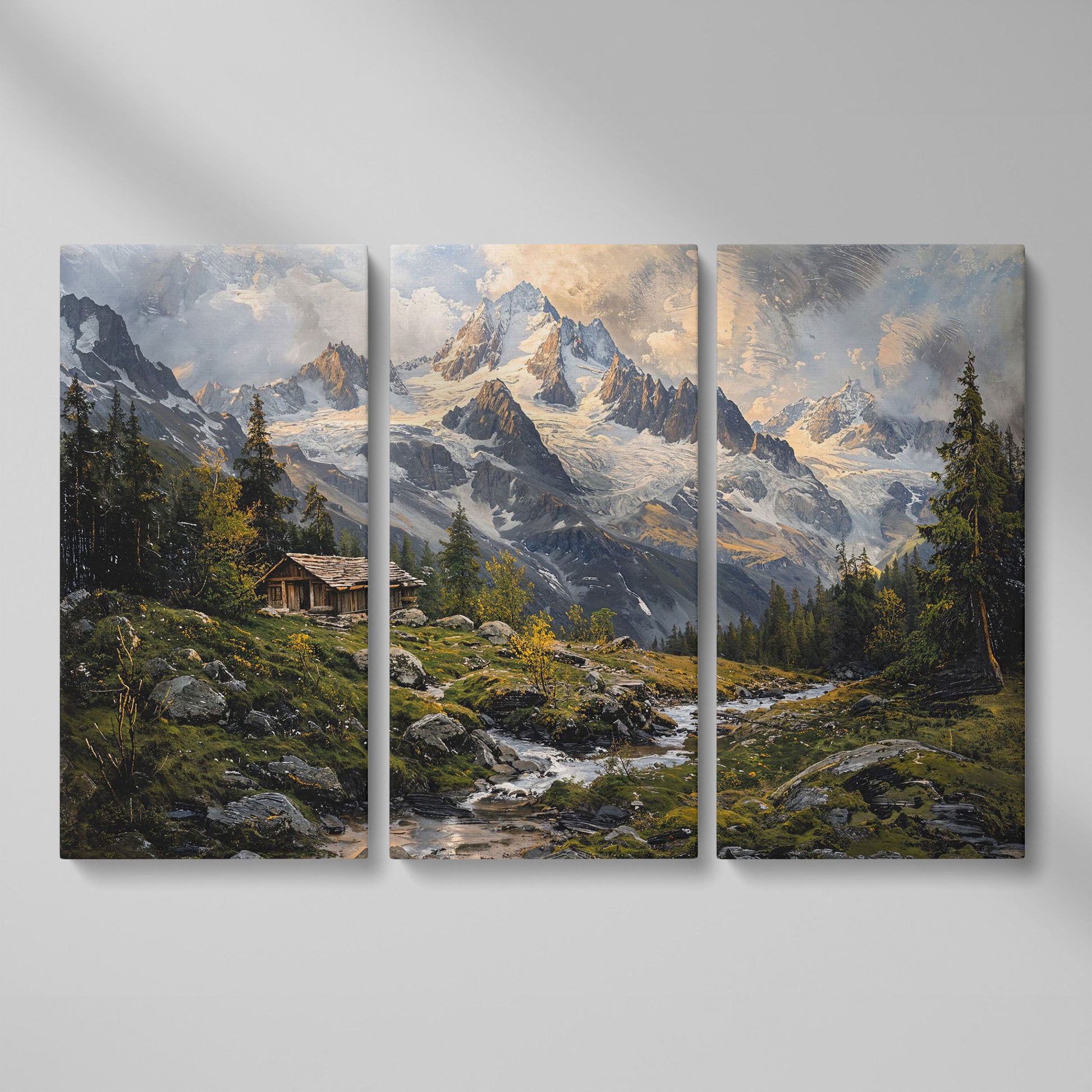 Mountain Snowy Peaks Canvas Print with Alpine Scenery as 3-panel split version