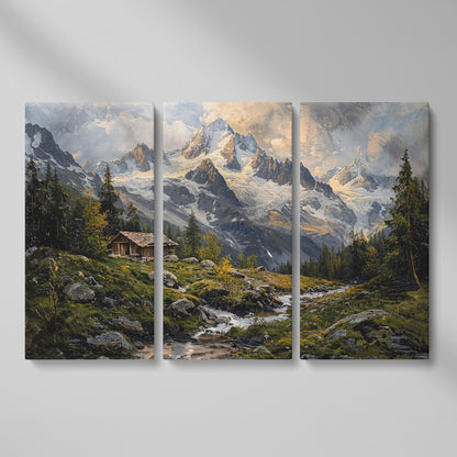 Mountain Snowy Peaks Canvas Print with Alpine Scenery as 3-panel split version
