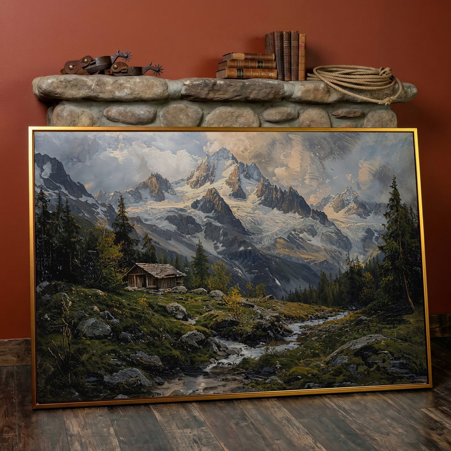 Mountain Snowy Peaks Canvas Print with Alpine Scenery in antique gold floating frame