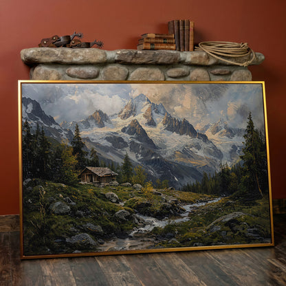 Mountain Snowy Peaks Canvas Print with Alpine Scenery in antique gold floating frame