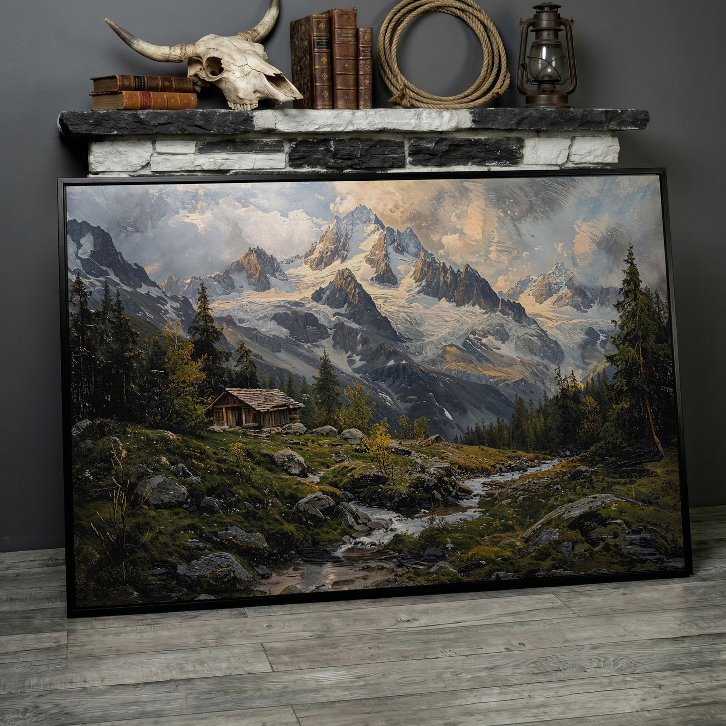 Mountain Snowy Peaks Canvas Print with Alpine Scenery in black floating frame