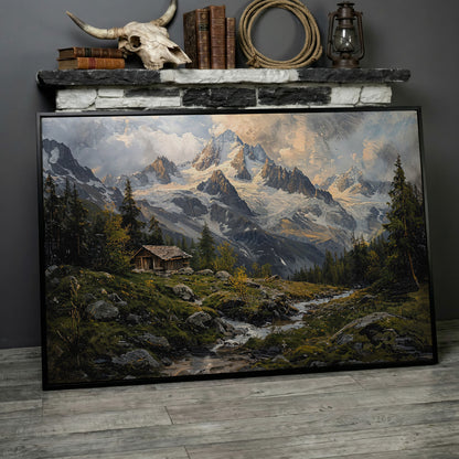 Mountain Snowy Peaks Canvas Print with Alpine Scenery in black floating frame
