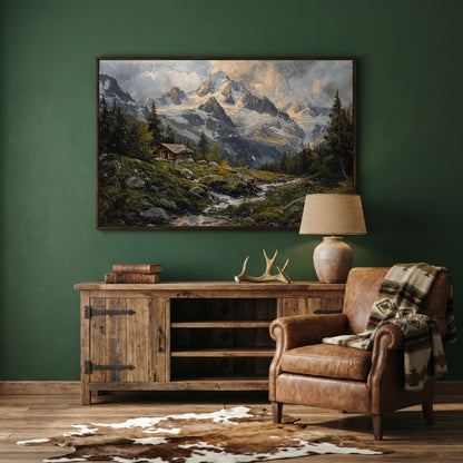 Mountain Snowy Peaks Canvas Print with Alpine Scenery in dark walnut floating frame