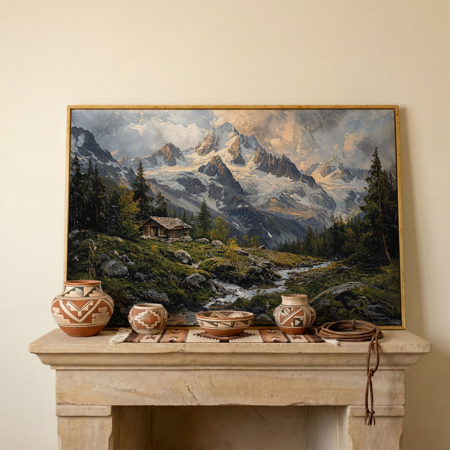 Mountain Snowy Peaks Canvas Print with Alpine Scenery in white oak floating frame