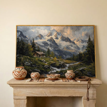 Mountain Snowy Peaks Canvas Print with Alpine Scenery in white oak floating frame