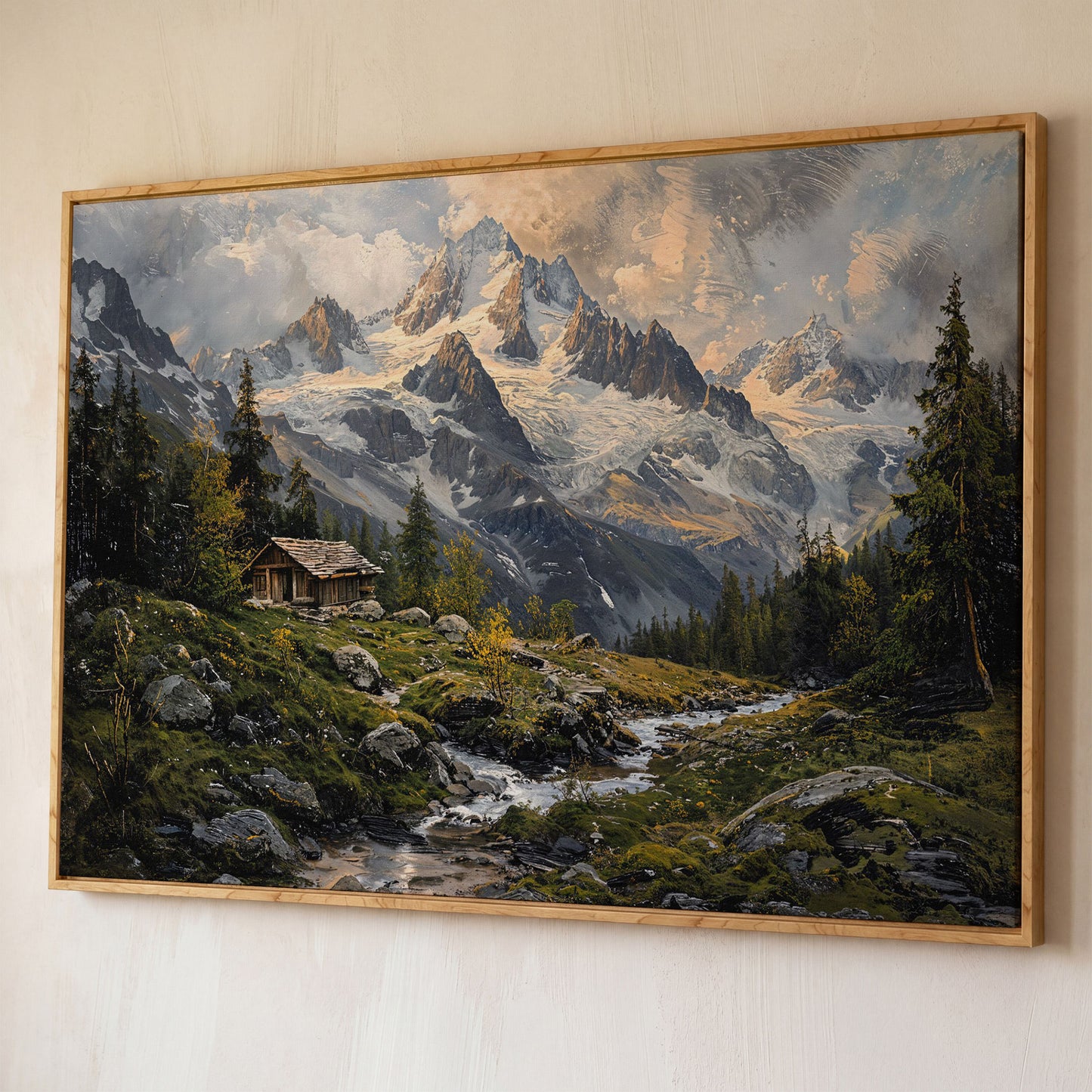 Mountain Snowy Peaks Canvas Print with Alpine Scenery shown in white oak floating frame