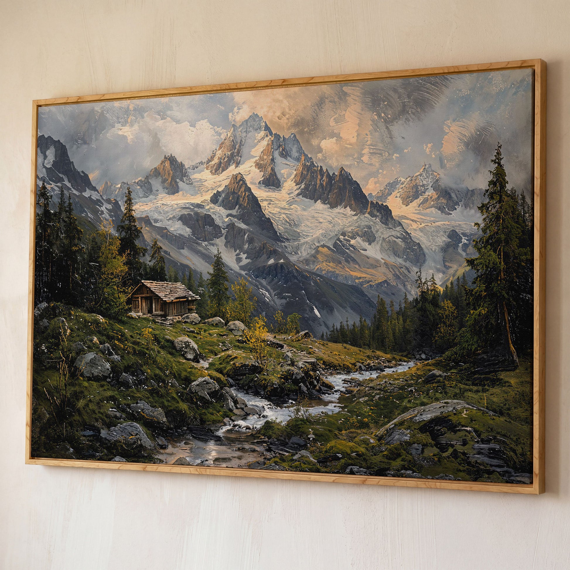 Mountain Snowy Peaks Canvas Print with Alpine Scenery shown in white oak floating frame