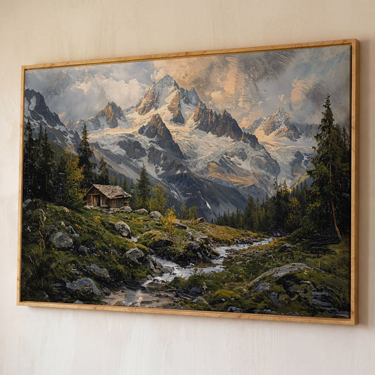 Mountain Snowy Peaks Canvas Print with Alpine Scenery shown in white oak floating frame