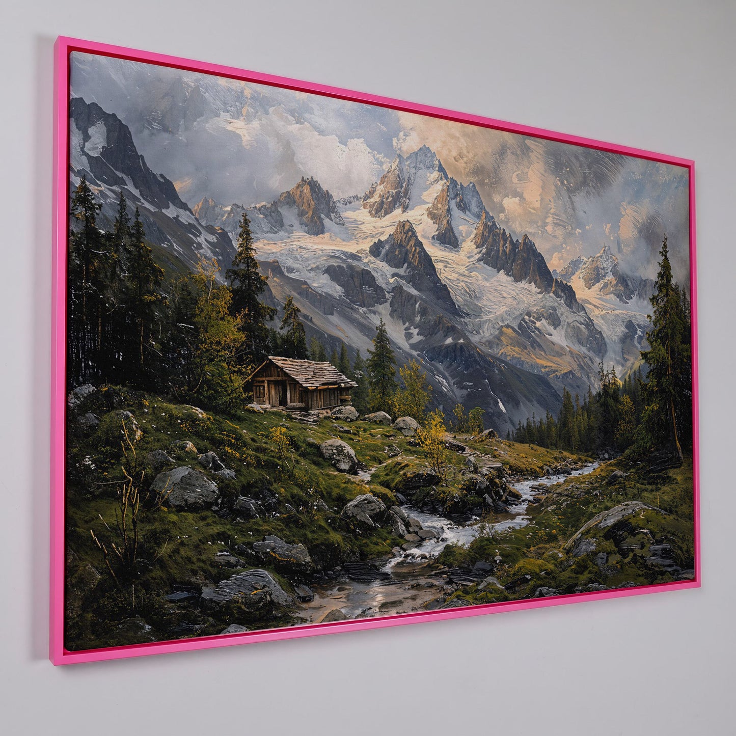 Mountain Snowy Peaks Canvas Print with Alpine Scenery in pink floating frame