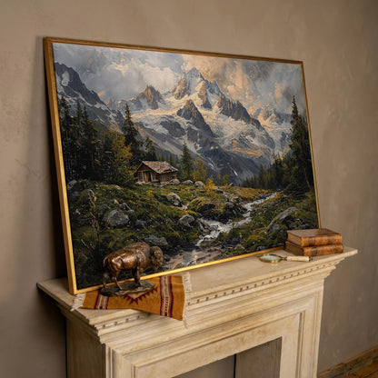 Mountain Snowy Peaks Canvas Print with Alpine Scenery in rose gold floating frame