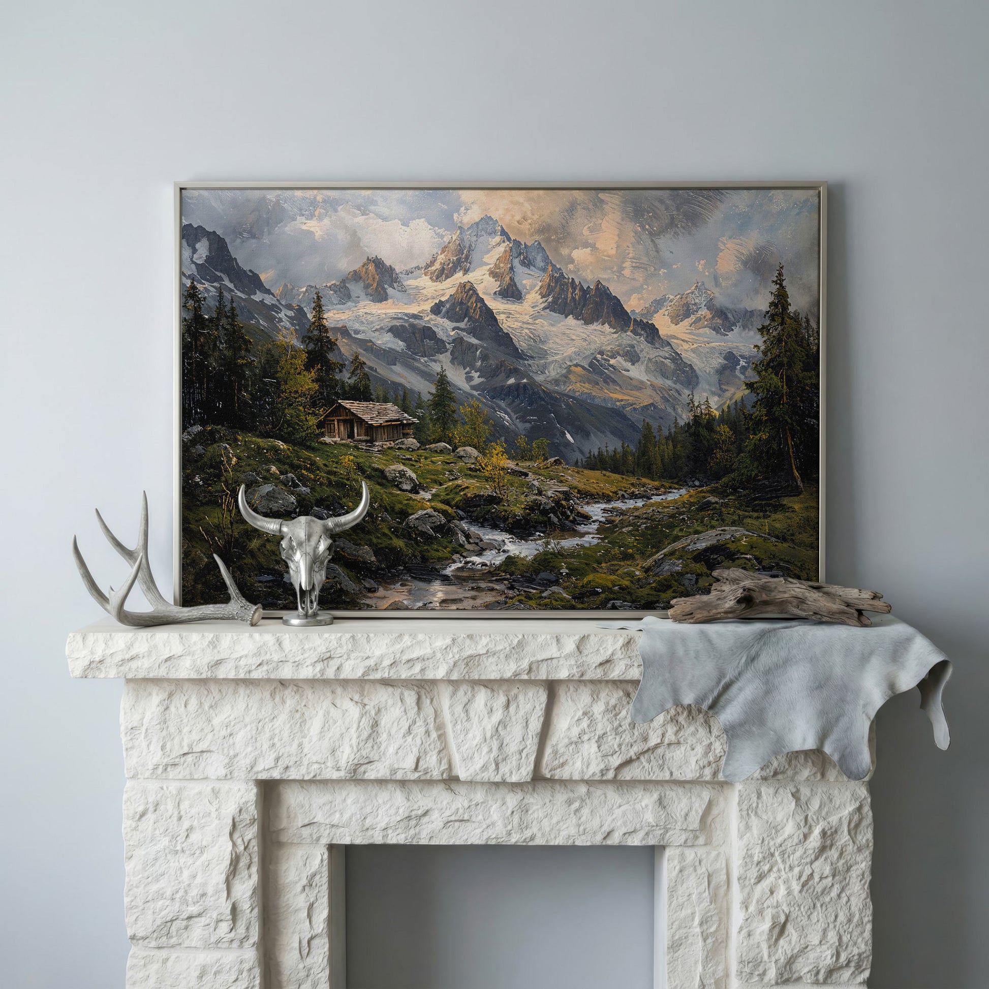 Mountain Snowy Peaks Canvas Print with Alpine Scenery in silver floating frame