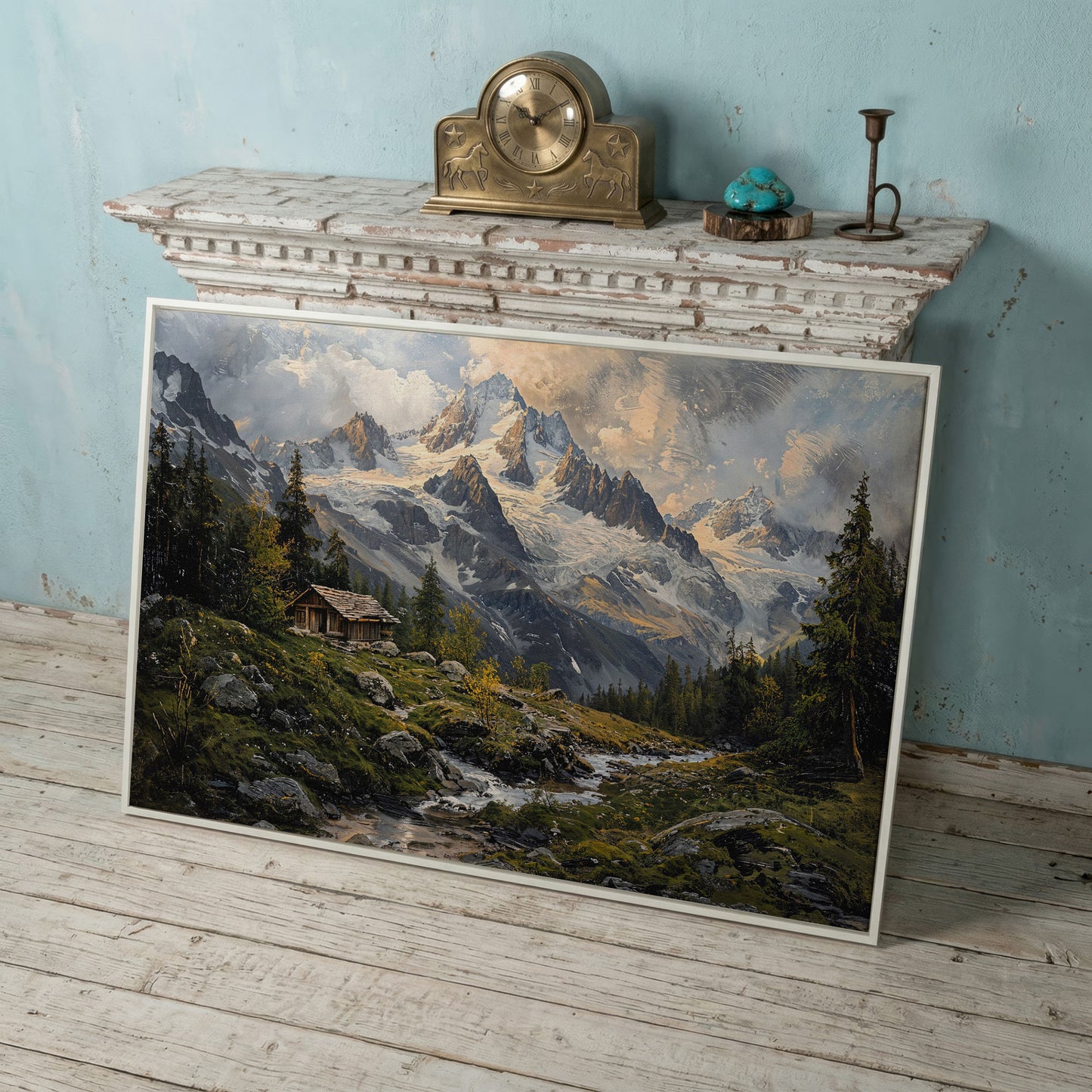 Mountain Snowy Peaks Canvas Print with Alpine Scenery in white floating frame