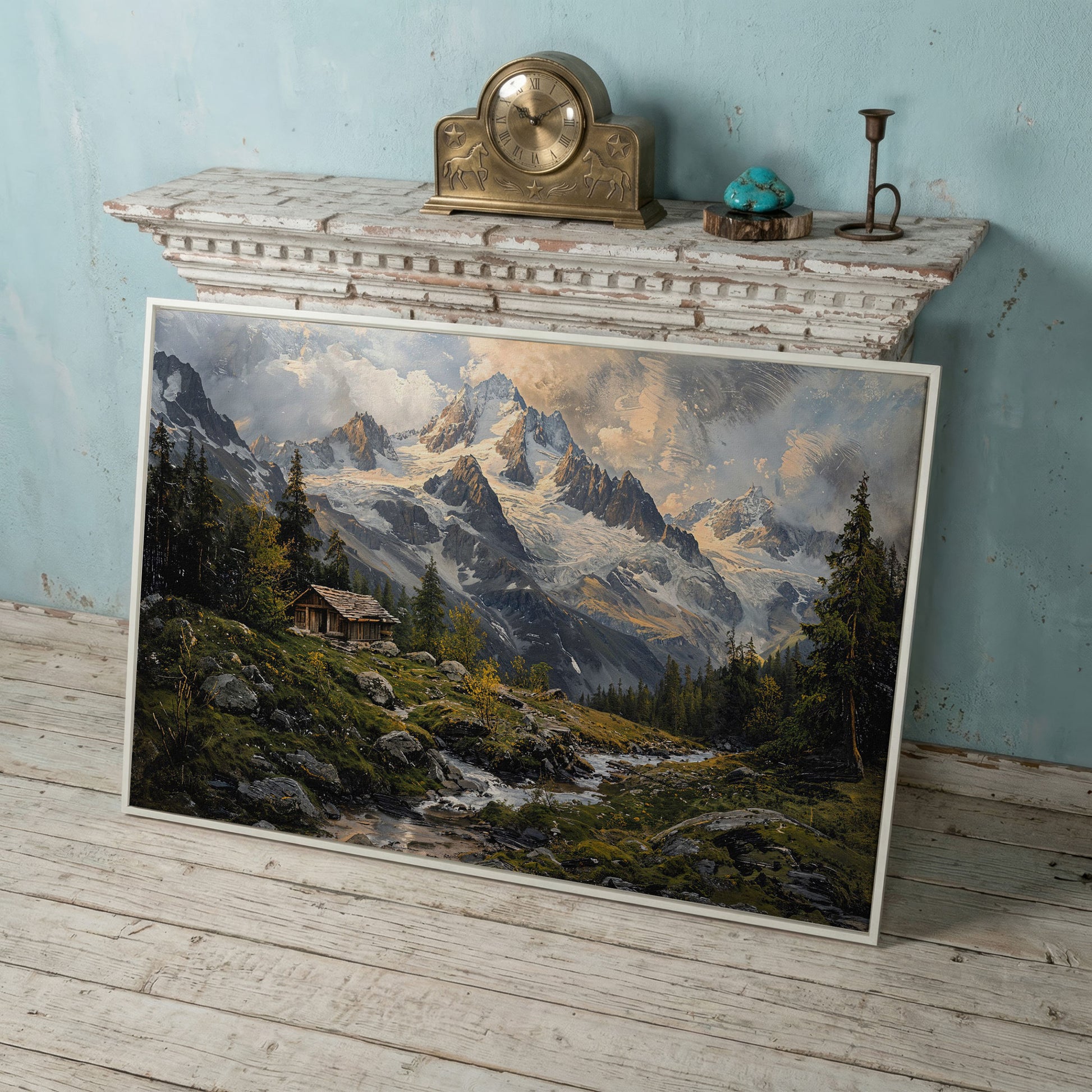 Mountain Snowy Peaks Canvas Print with Alpine Scenery in white floating frame