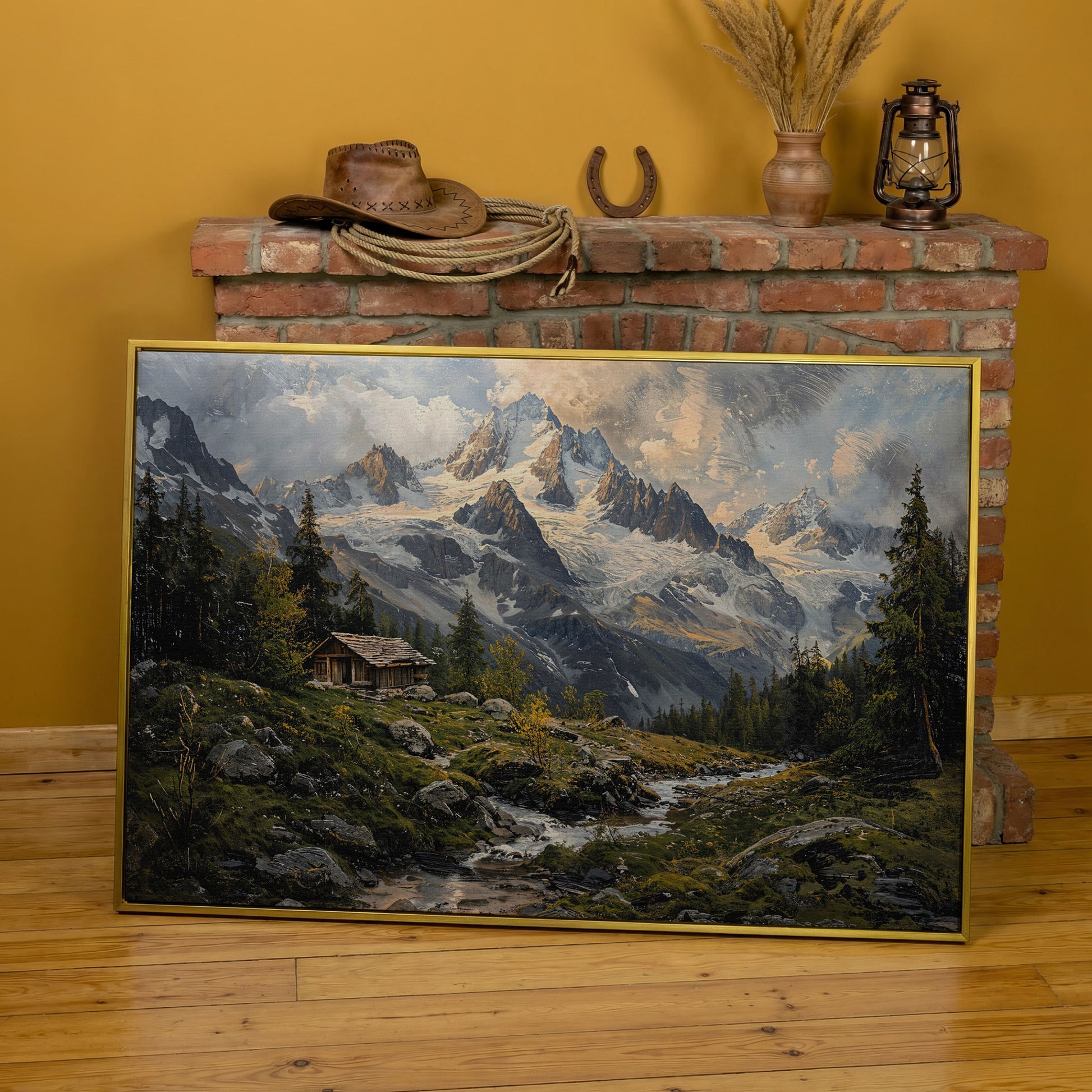 Mountain Snowy Peaks Canvas Print with Alpine Scenery in yellow gold floating frame