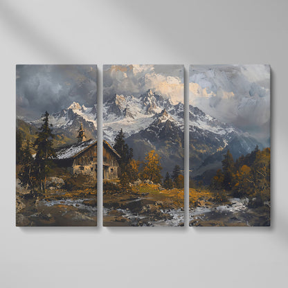 Cabin in the Woods Mountain Landscape Canvas as 3-panel split version