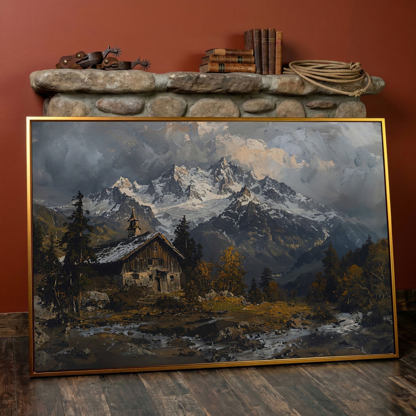 Cabin in the Woods Mountain Landscape Canvas in antique gold floating frame