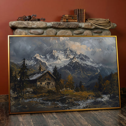 Cabin in the Woods Mountain Landscape Canvas in antique gold floating frame