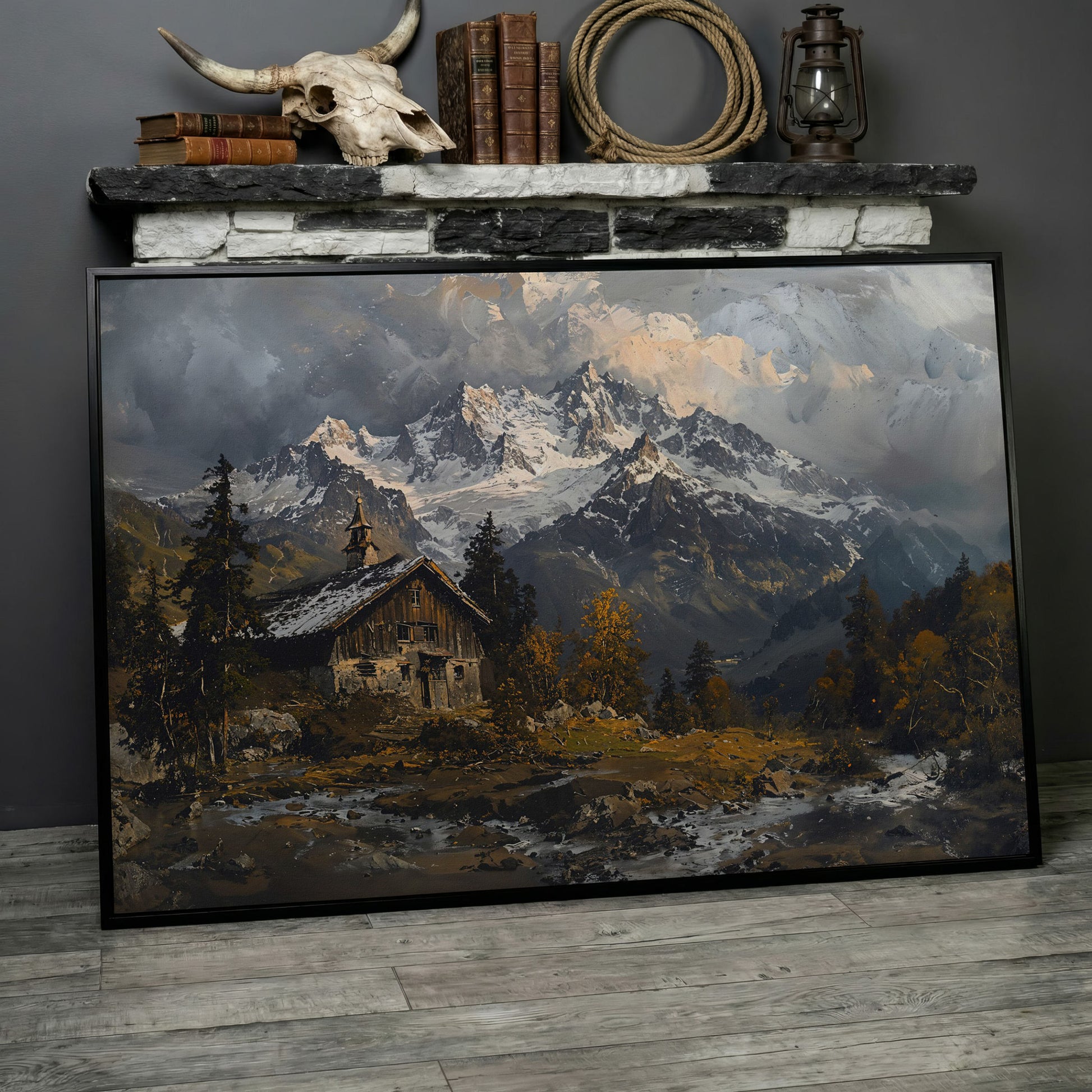 Cabin in the Woods Mountain Landscape Canvas in black floating frame