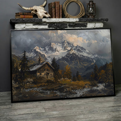 Cabin in the Woods Mountain Landscape Canvas in black floating frame