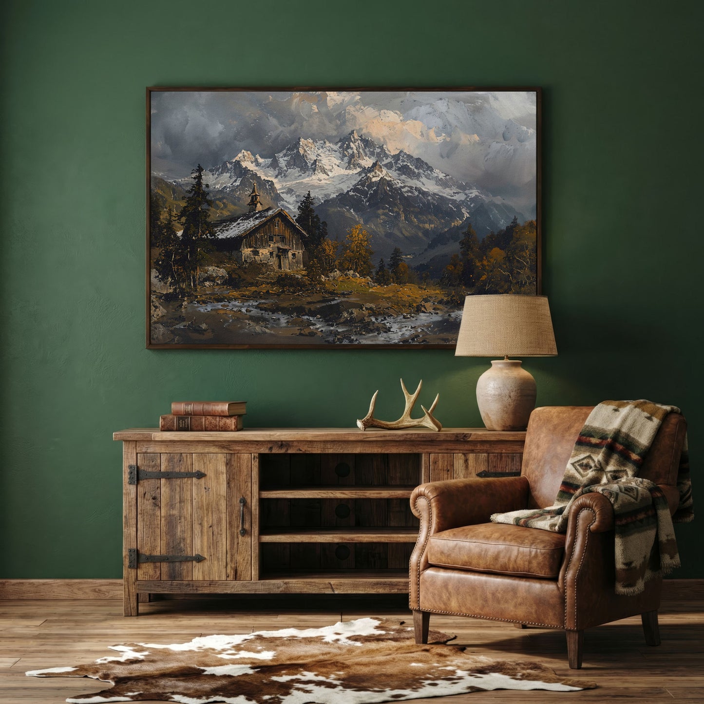 Cabin in the Woods Mountain Landscape Canvas in dark walnut floating frame