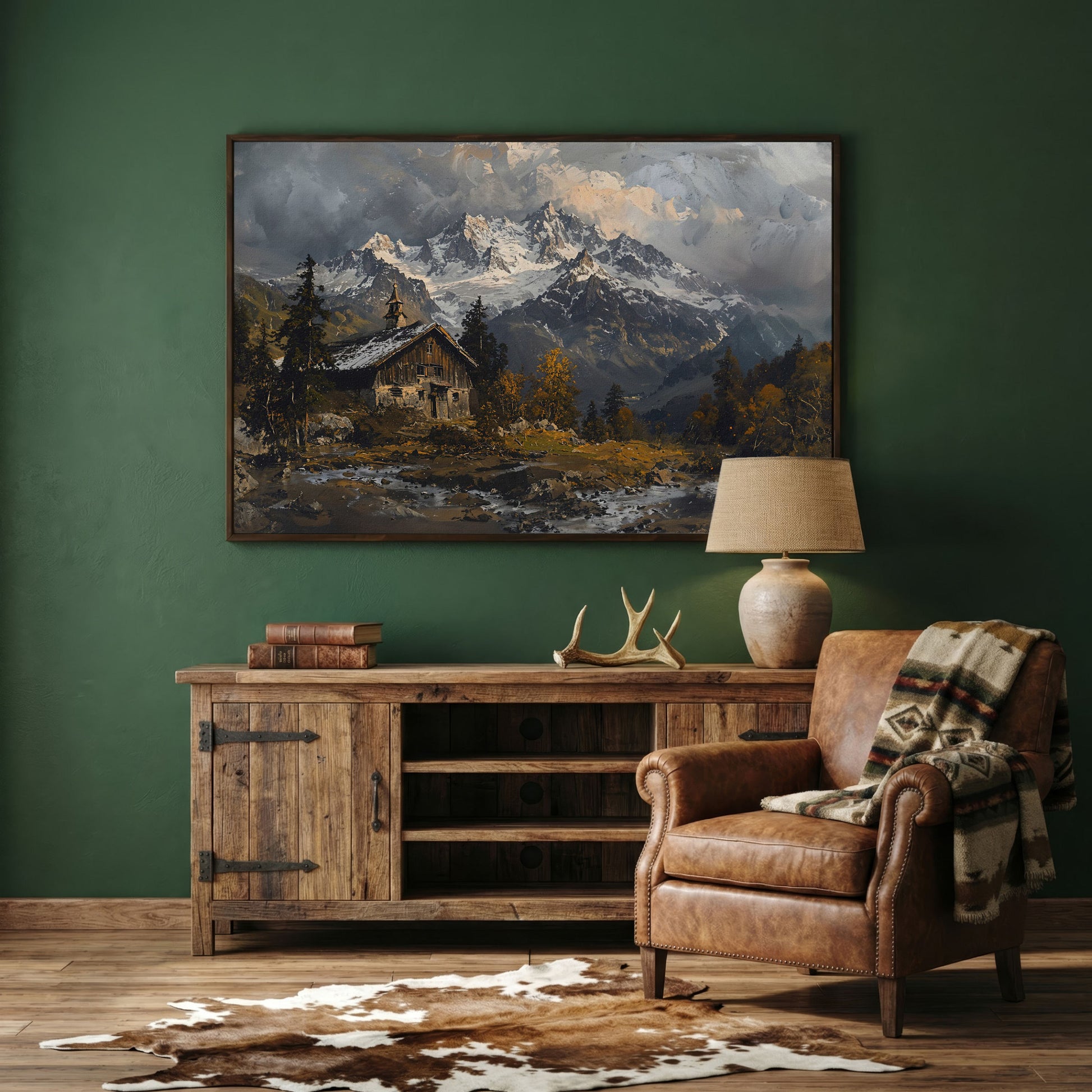 Cabin in the Woods Mountain Landscape Canvas in dark walnut floating frame