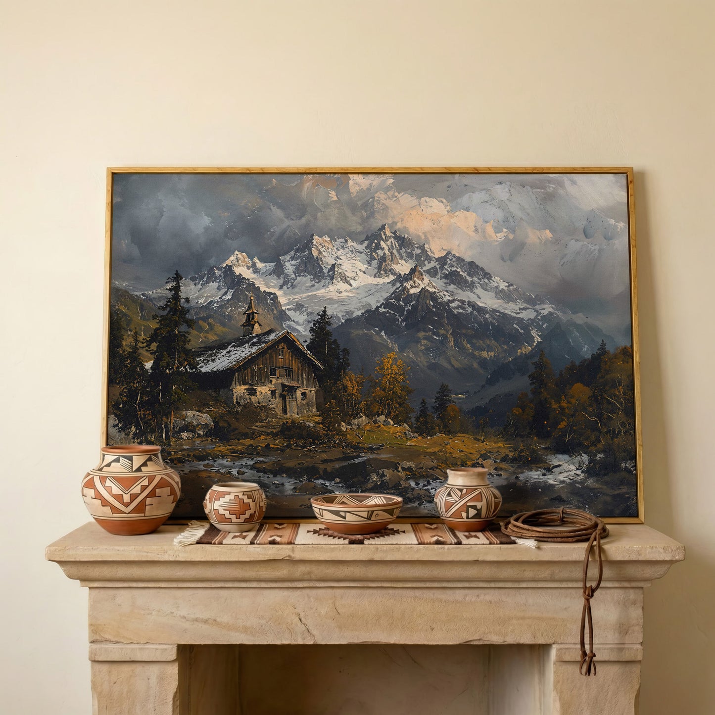 Cabin in the Woods Mountain Landscape Canvas in white oak floating frame