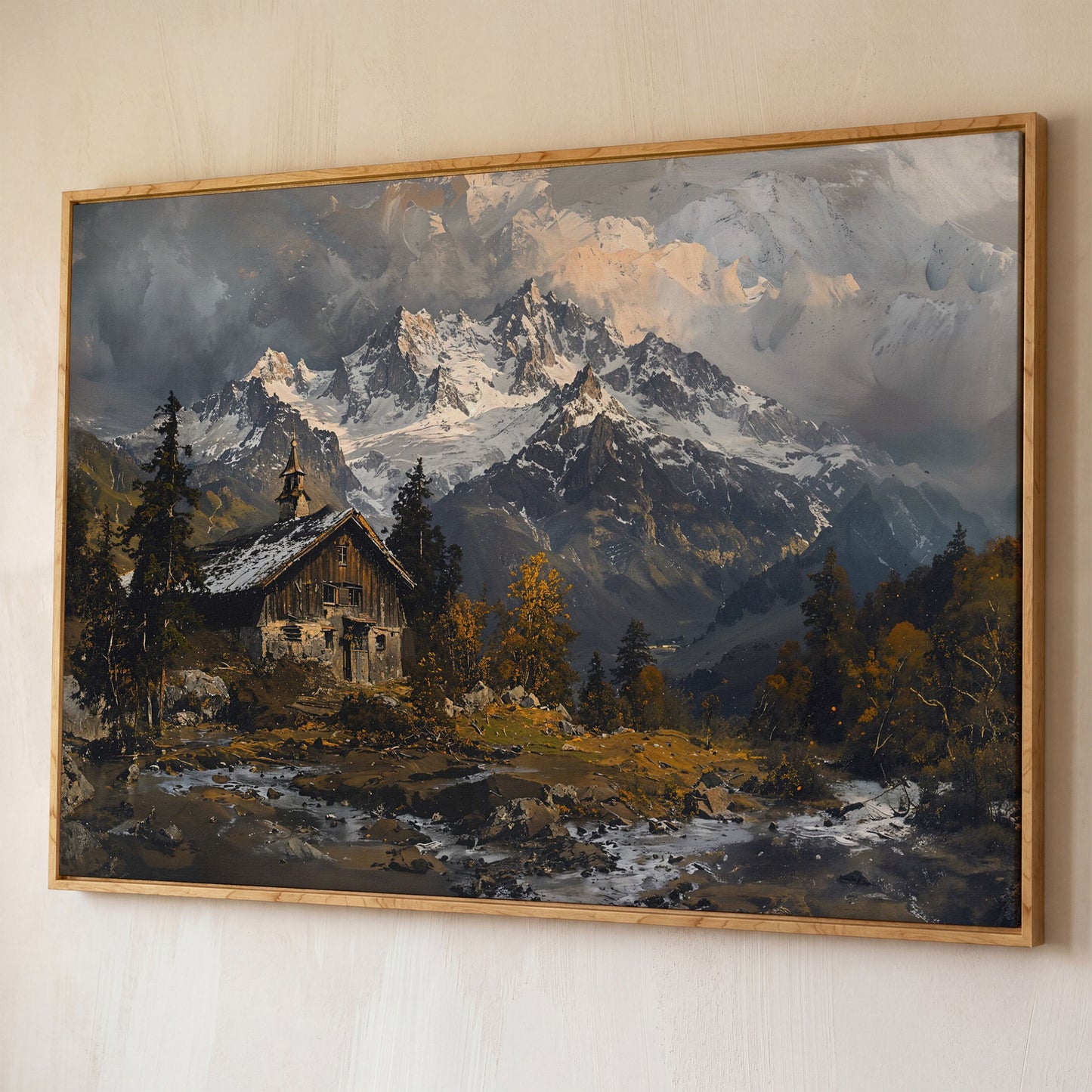 Cabin in the Woods Mountain Landscape Canvas shown in white oak floating frame